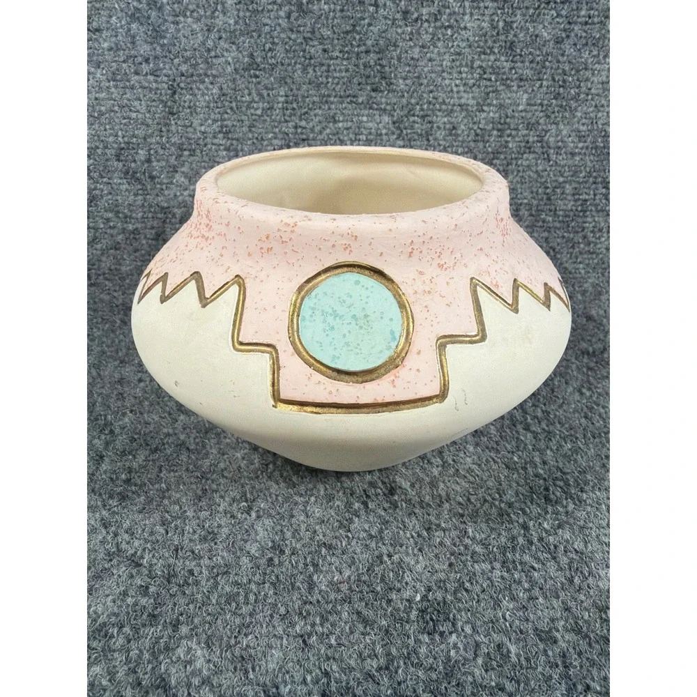 KOPA Pottery Vase AP123 Pink Turquoise 22K Gold Trim Southwestern Geometric 5.5